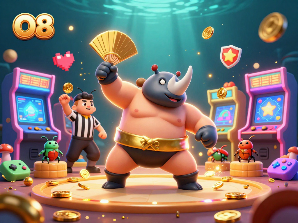 Experience the thrill of O8 with a dynamic 3D illustration of a beetle sumo champion amidst flying coins.
