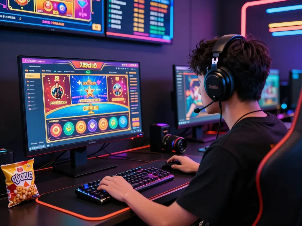 Engaged gamer exploring the vibrant 789club platform with immersive gaming setup