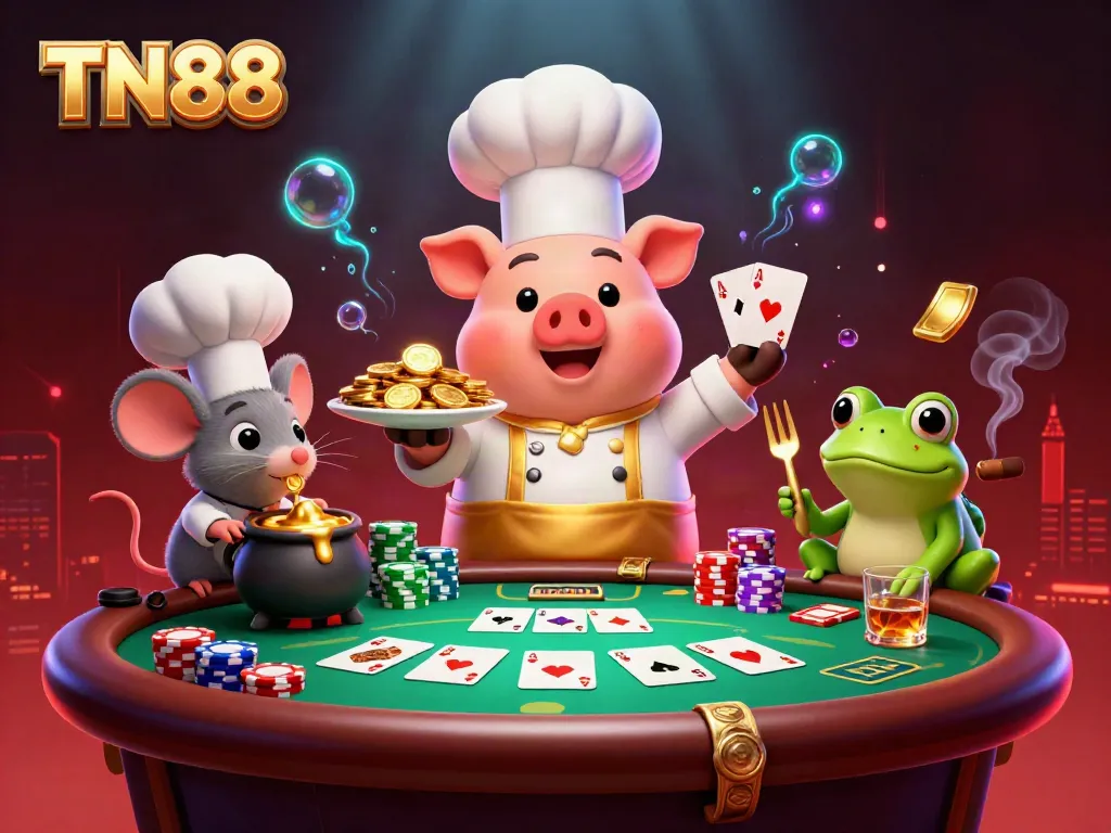 Experience the excitement of TN88 with a chef pig serving gold coins and vibrant casino elements.