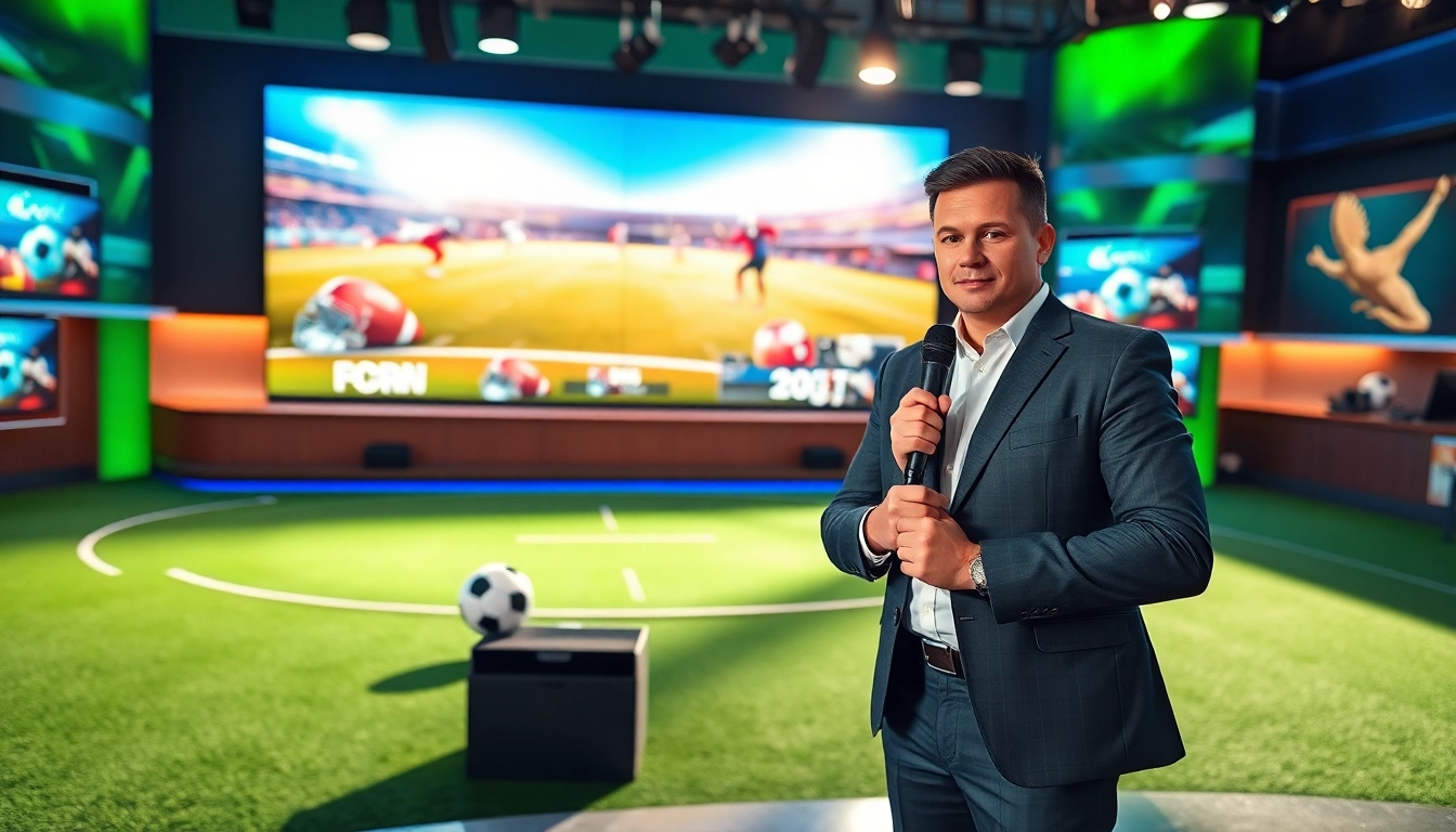 Dynamic sports broadcasting studio featuring an anchor and live sports highlights display.