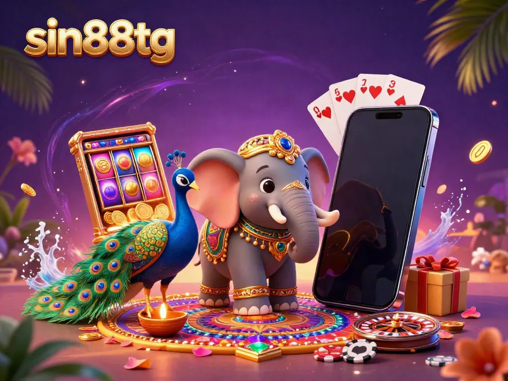 Experience thrilling gameplay at sin88tg with a colorful 3D illustration of casino elements, a Diwali-themed elephant, and vibrant mobile gaming.