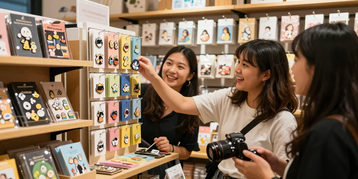 Person joyfully exploring custom enamel pins collection in a vibrant shop.