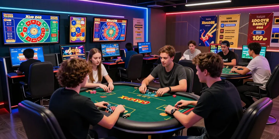 Xocdia88 online gaming scene with diverse players engaging in various games in a vibrant, tech-savvy environment