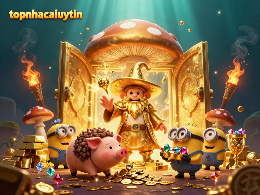 Join the fun with topnhacaiuytin as the golden mushroom wizard and friends unveil treasures in a vibrant casino scene.