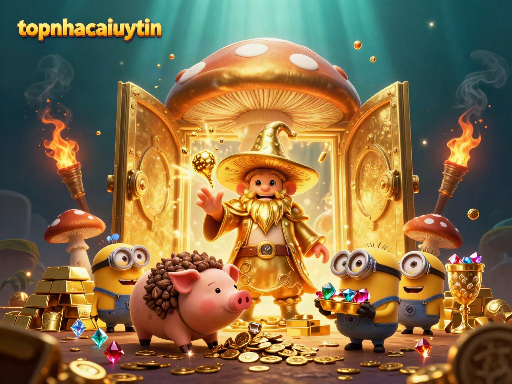 Join the fun with topnhacaiuytin as the golden mushroom wizard and friends unveil treasures in a vibrant casino scene.