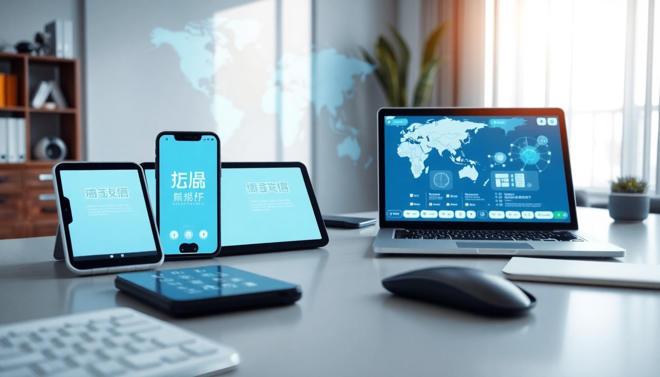 快连官网 app displayed on multiple devices in a modern tech workspace, symbolizing high-speed internet connectivity.
