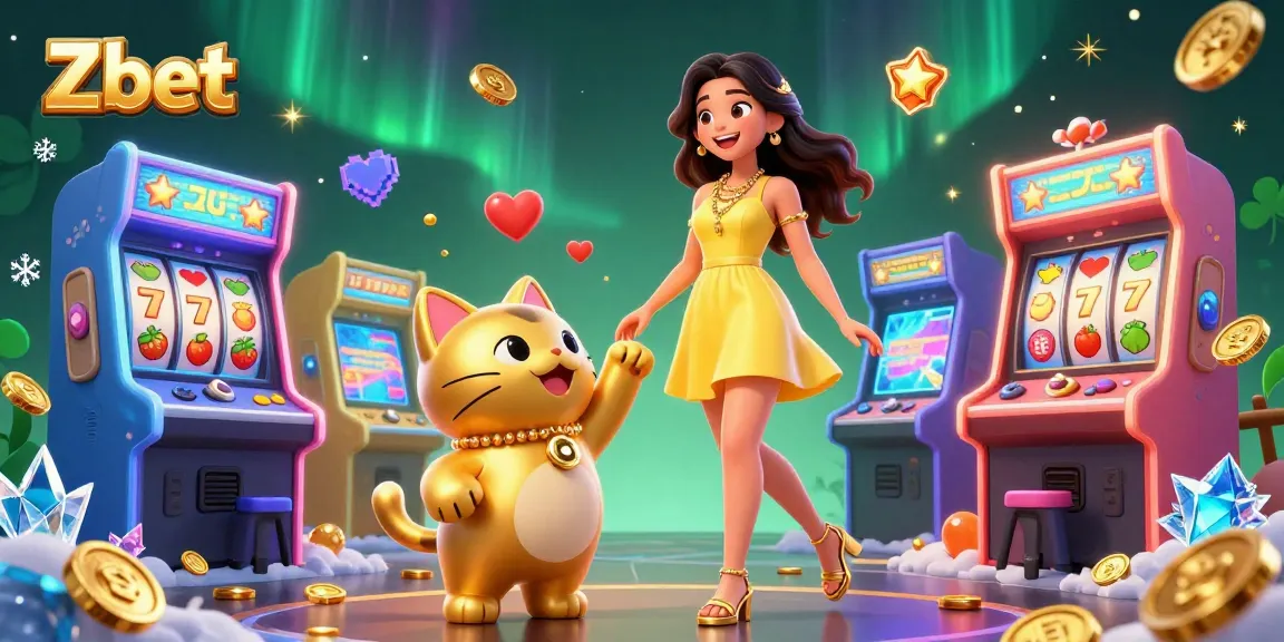 Zbet showcases a vibrant casino scene with a cheerful Asian woman and a golden lucky cat, surrounded by slot machine elements.