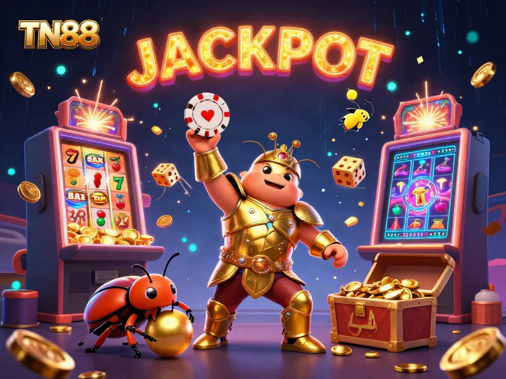 Spin to win at TN88 with a victorious beetle champion lifting a poker chip amidst a jackpot explosion.
