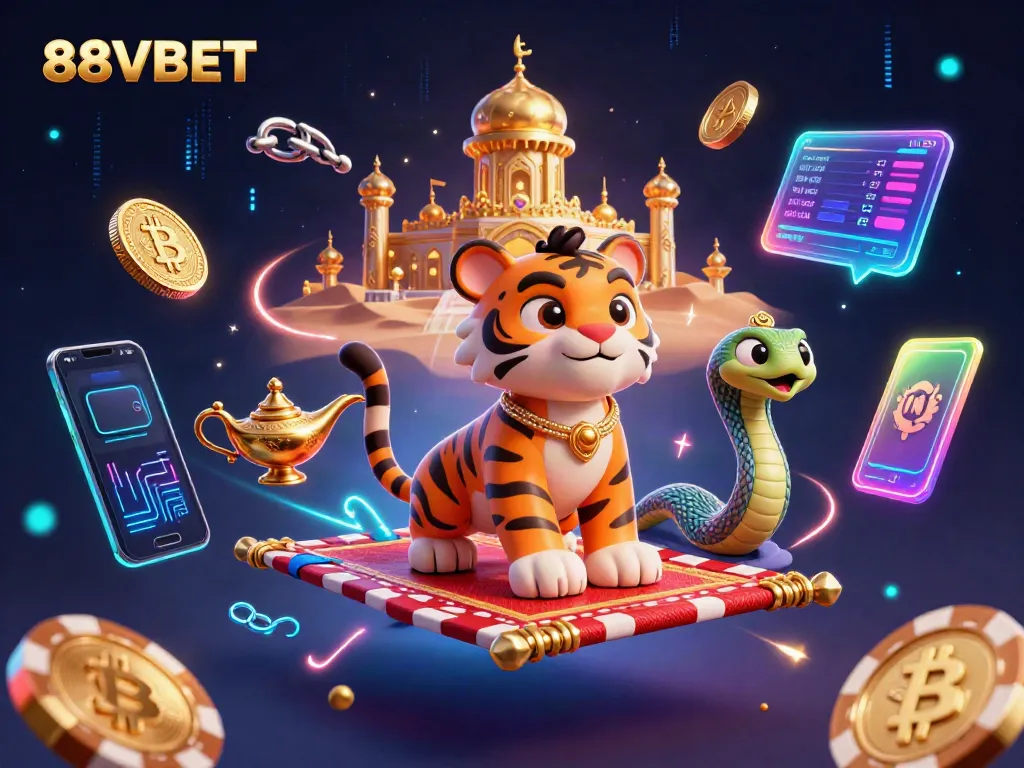 Bet on thrilling adventures with 88VBET, illustrated in a vibrant Arabian-themed casino scene.