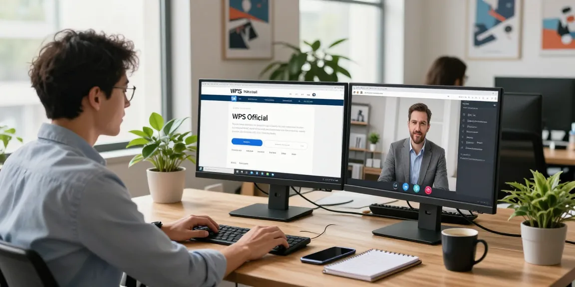 Professional consultant using WPS Official Website in a modern workspace with dual monitors.