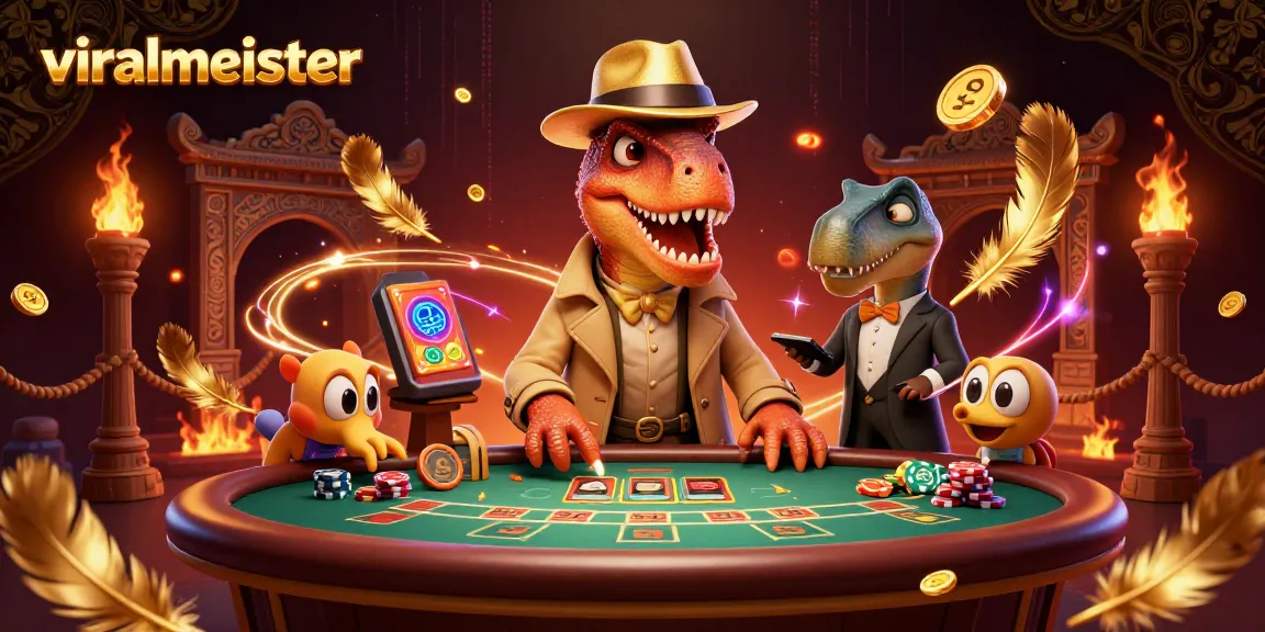 Viralmeister presents a thrilling blackjack scene with a velociraptor and stegosaurus at the table.