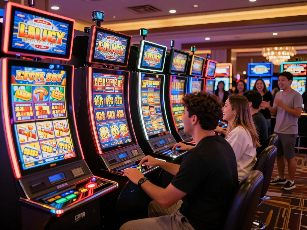 Play on Lucky 88 slot machines, showcasing colorful displays and enthusiastic players in a casino.
