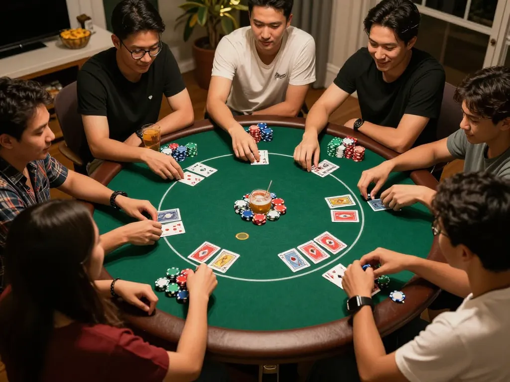 Xoilac unveils poker excitement at home game night, players deeply engaged.