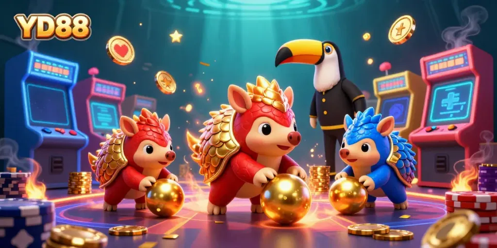 Experience YD88's thrilling casino adventure with animated pangolins bowling through poker chips.