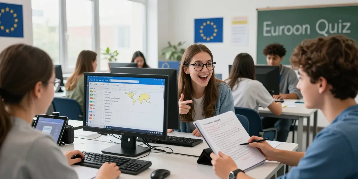 Students engaged in the European Union Quiz, excitedly discussing answers in a bright classroom.