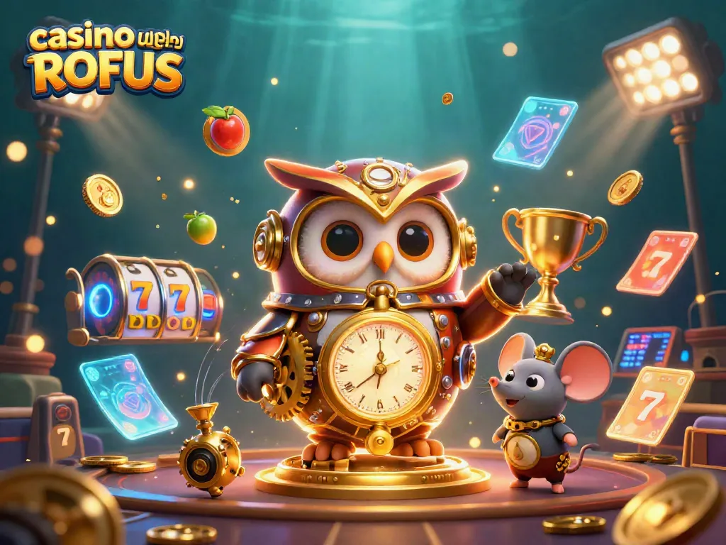 Win big at casino uden om ROFUS with 3D cartoon characters amidst vibrant gambling elements.