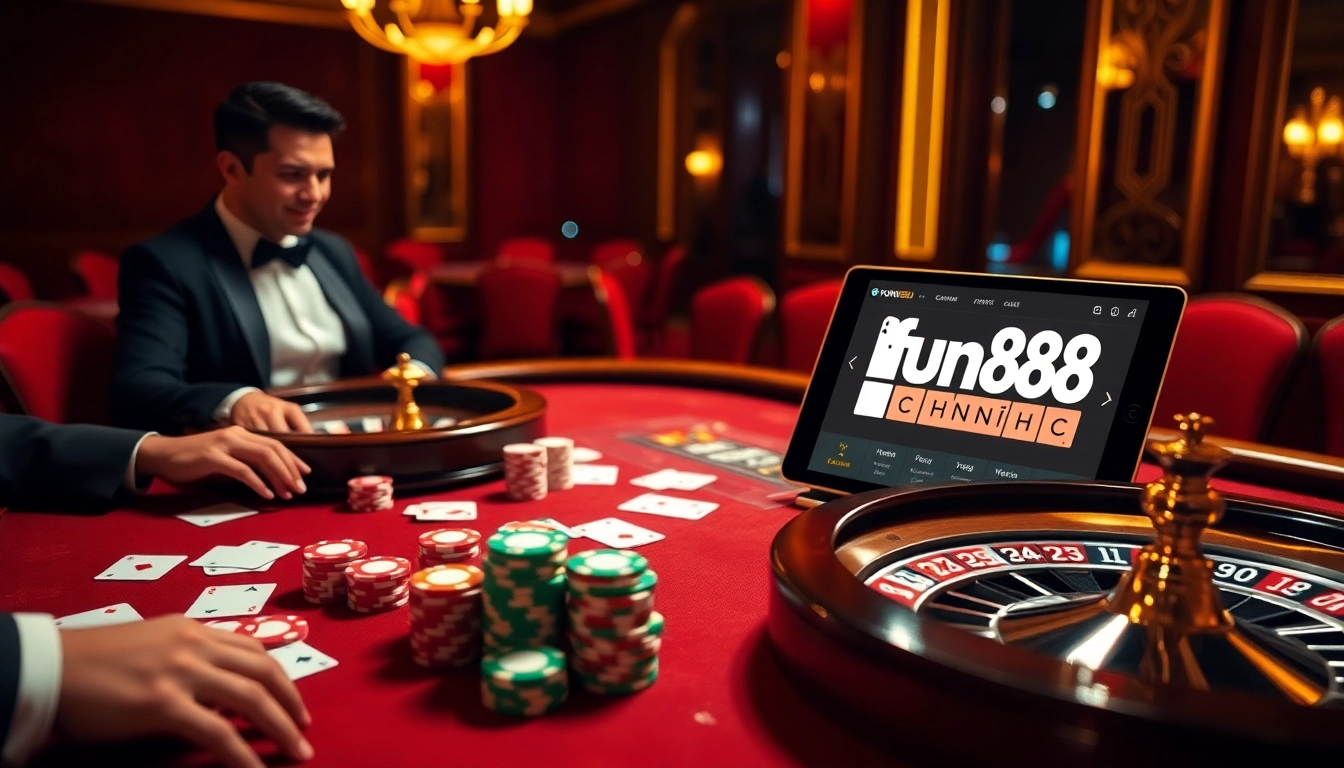 Enjoying high-stakes gameplay at fun88 chính thức casino, featuring poker chips and roulette wheel.