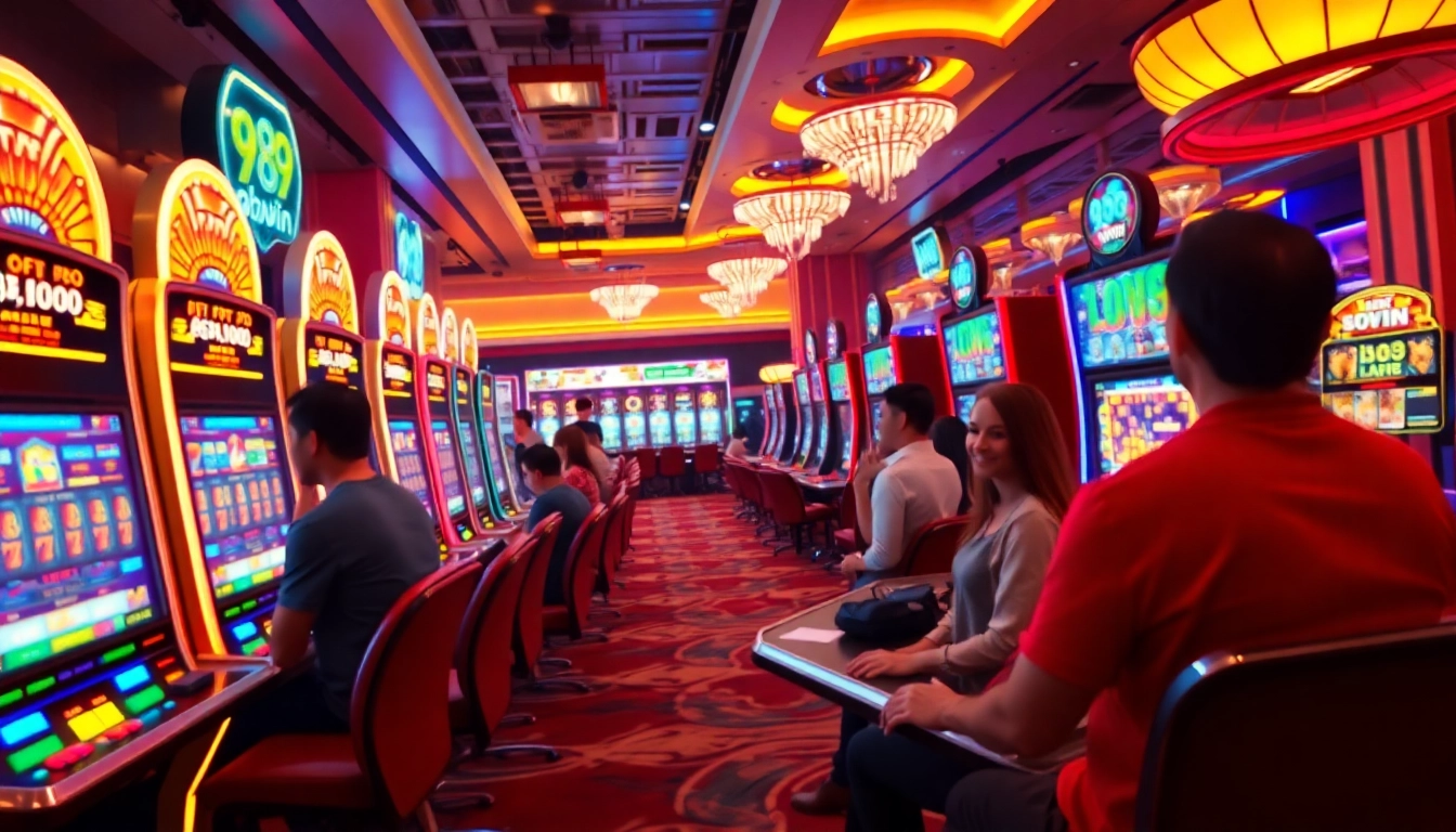Captivating casino atmosphere with 98win gaming excitement and vibrant slot machines.