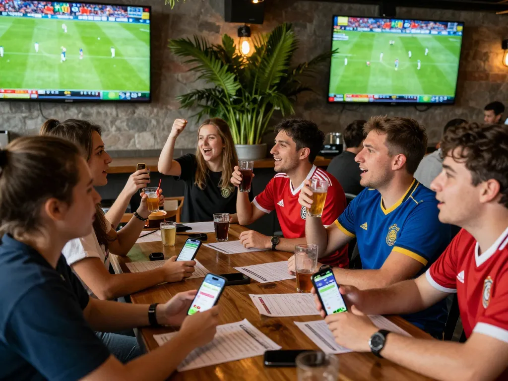 Fans engaging with the 1gom app during an exciting soccer match in a bustling bar