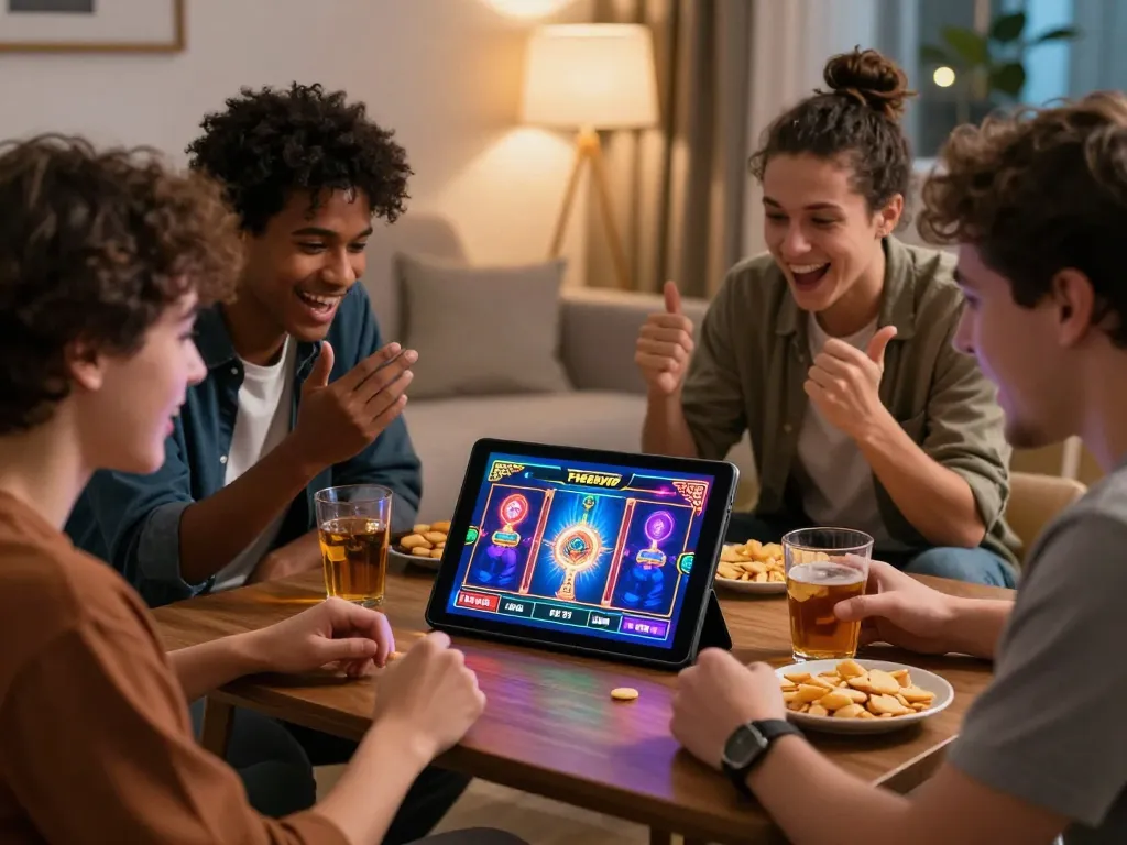 Friends enjoying F168VIP online gaming in a cozy living room, capturing excitement and connection.