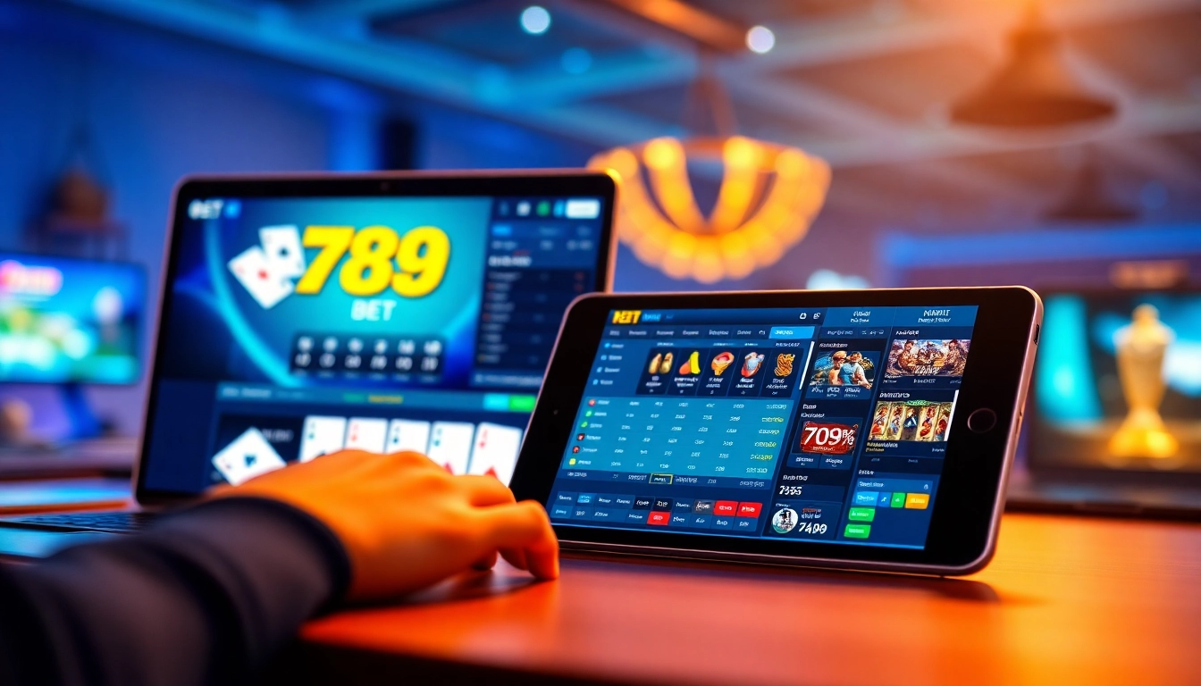 Engaging scene of a user on https://789beta2.com/ showcasing online gaming excitement with poker cards and slot machine graphics.