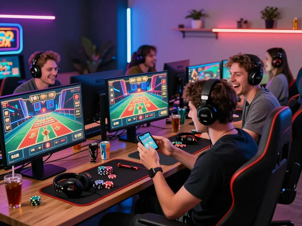 Engaged friends enjoying an exciting gaming session at Nhà cái Kwin, showcasing a vibrant online casino atmosphere.