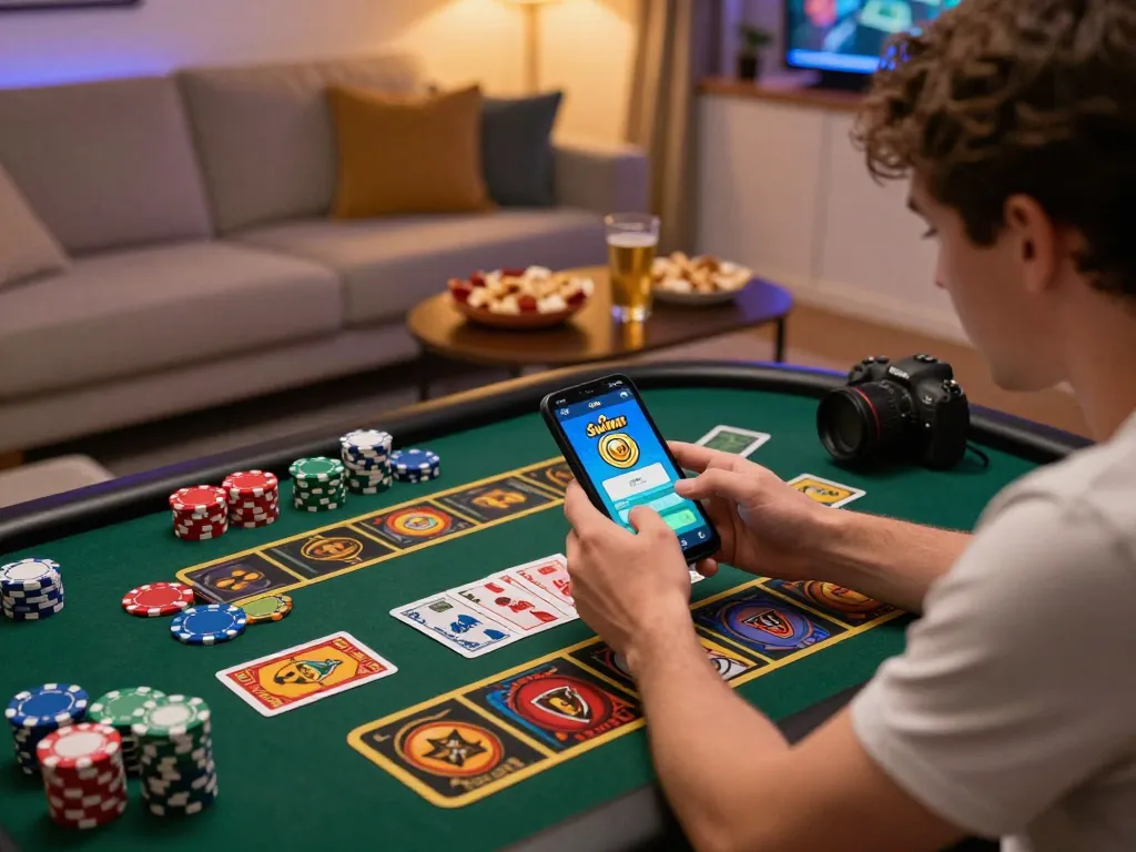 Player engaged with the Sunwin app, showcasing excitement in a lively gaming room.
