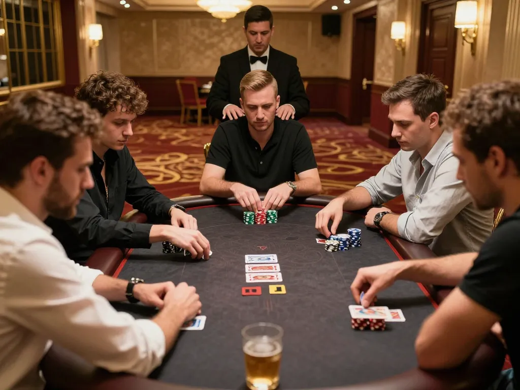 Players at a high-stakes poker game at https://va88.moe/, showcasing strategy and excitement in a luxurious casino.