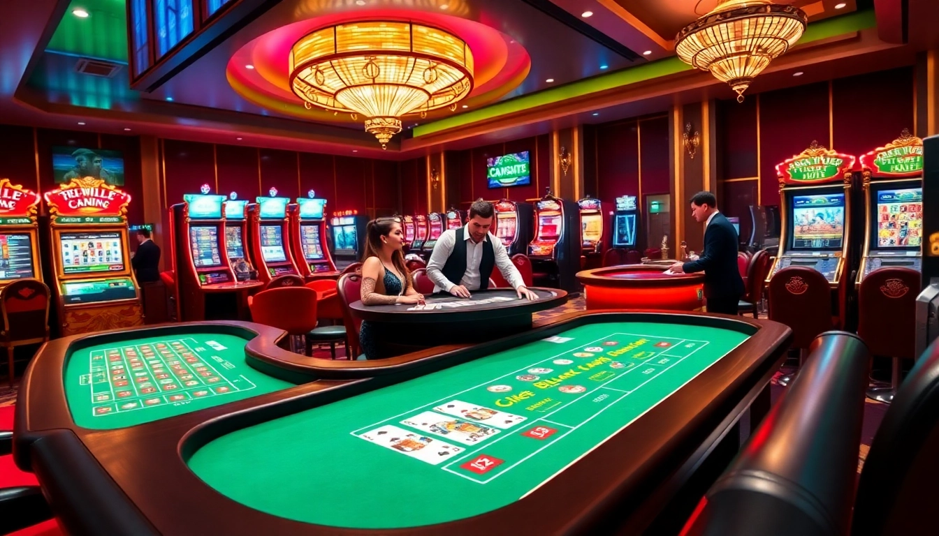 Experience the thrill of gaming at https://78win.dental/ with vibrant casino scenes featuring poker and slot machines.