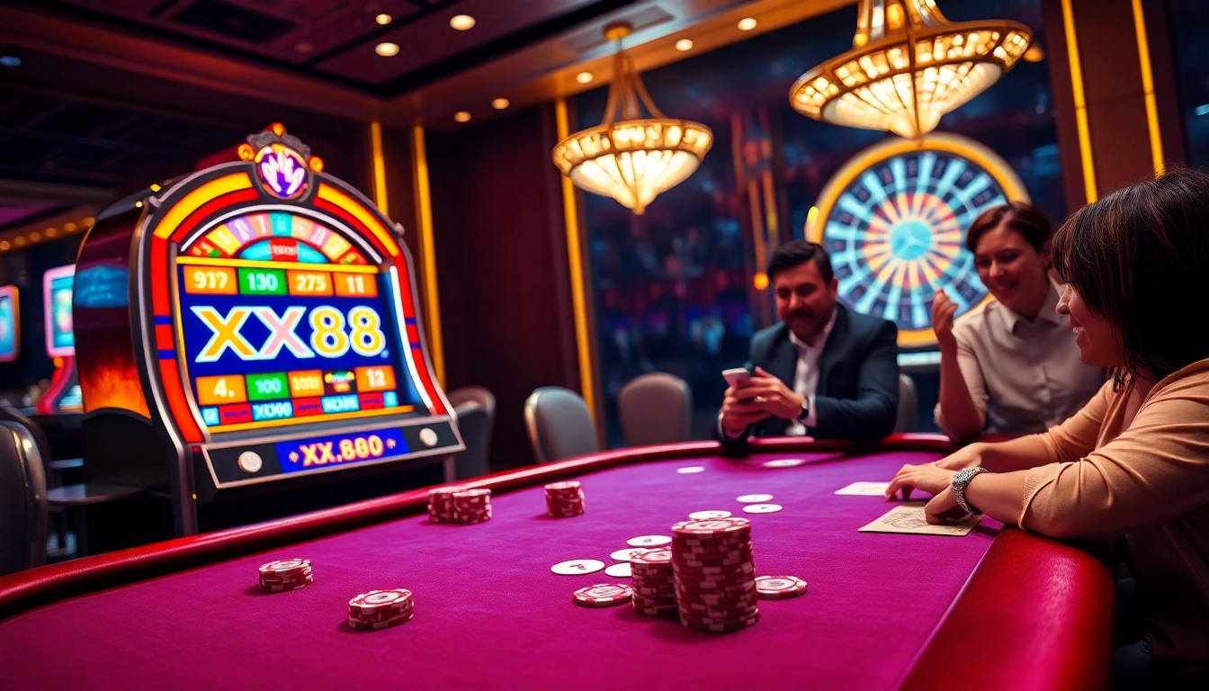 Players enjoying high-stakes games at XX88's vibrant casino, highlighting excitement and professional atmosphere.