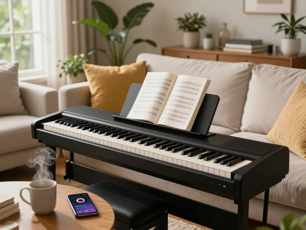 Person playing go 88 piano in a cozy living room with warm light and inviting atmosphere.