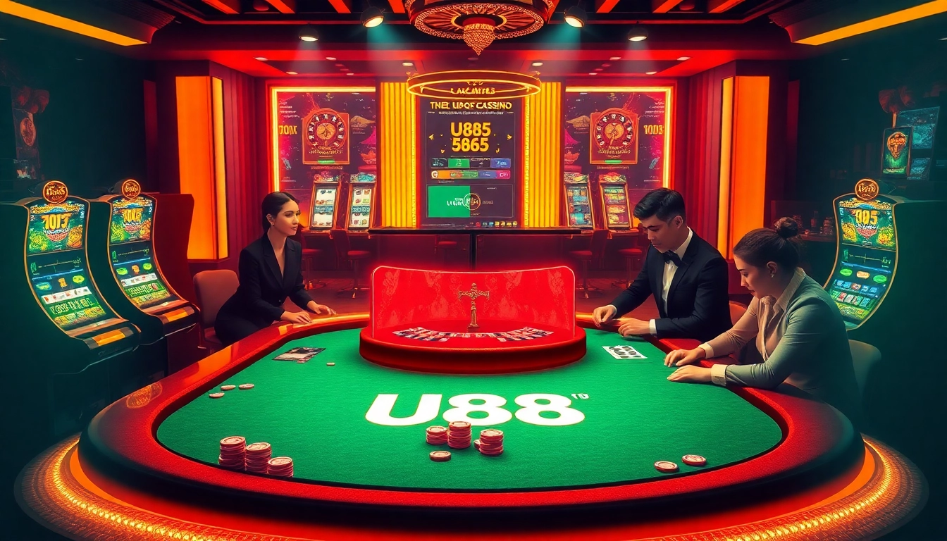 Players enjoying an exciting game at the U88 casino table, surrounded by vibrant slot machines and poker chips.