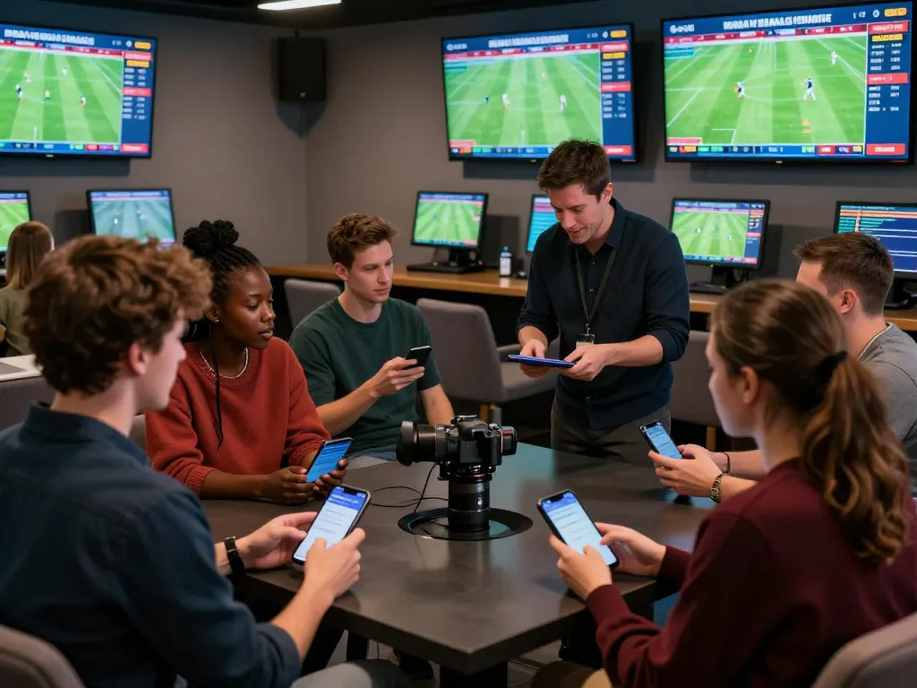 Enthusiastic bettors analyzing kèo nhà cái in a modern sportsbook during a live football match.