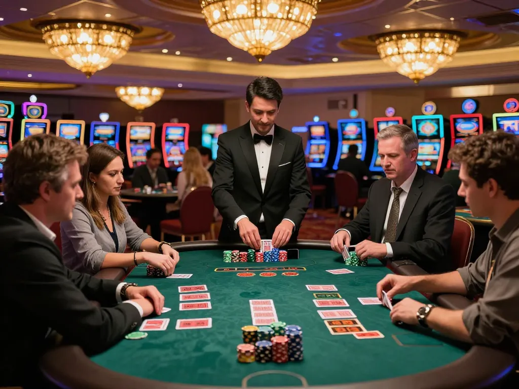 gk88 players strategizing at an upscale blackjack table in a vibrant casino ambiance