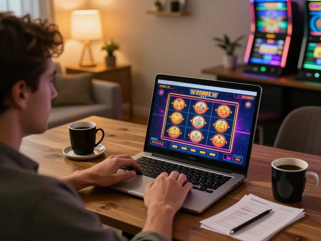 Player engaging in online gambling with thabete slot machine interface on laptop, cozy home setting.