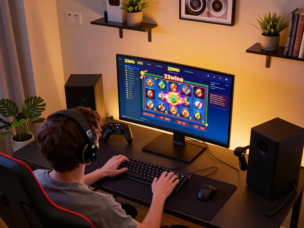 Engaged player experiencing an exciting session on 23Win, showcasing online gaming interface in a stylish setup.