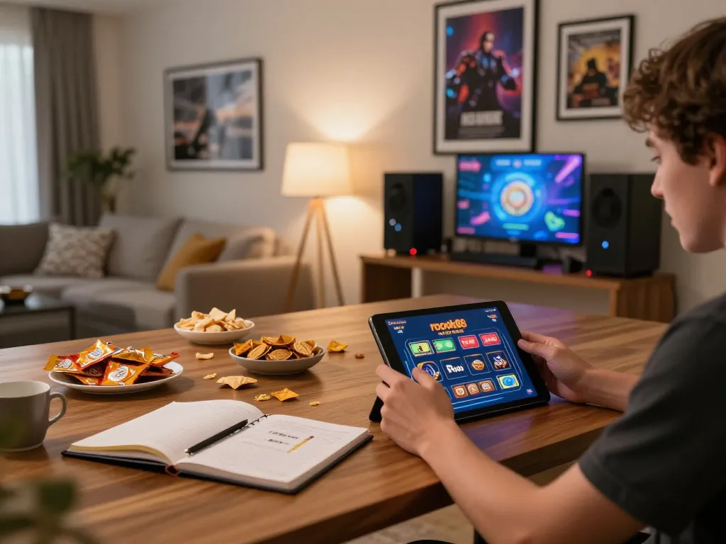 Player engaging with rokok88 online casino on tablet, snacks and strategy notes visible in home setup.