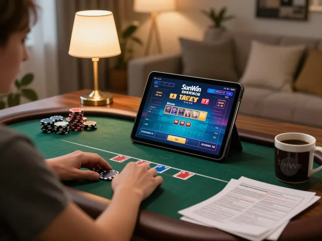 Sunwin online gaming experience with user engaging in a thrilling poker game on a tablet at home.