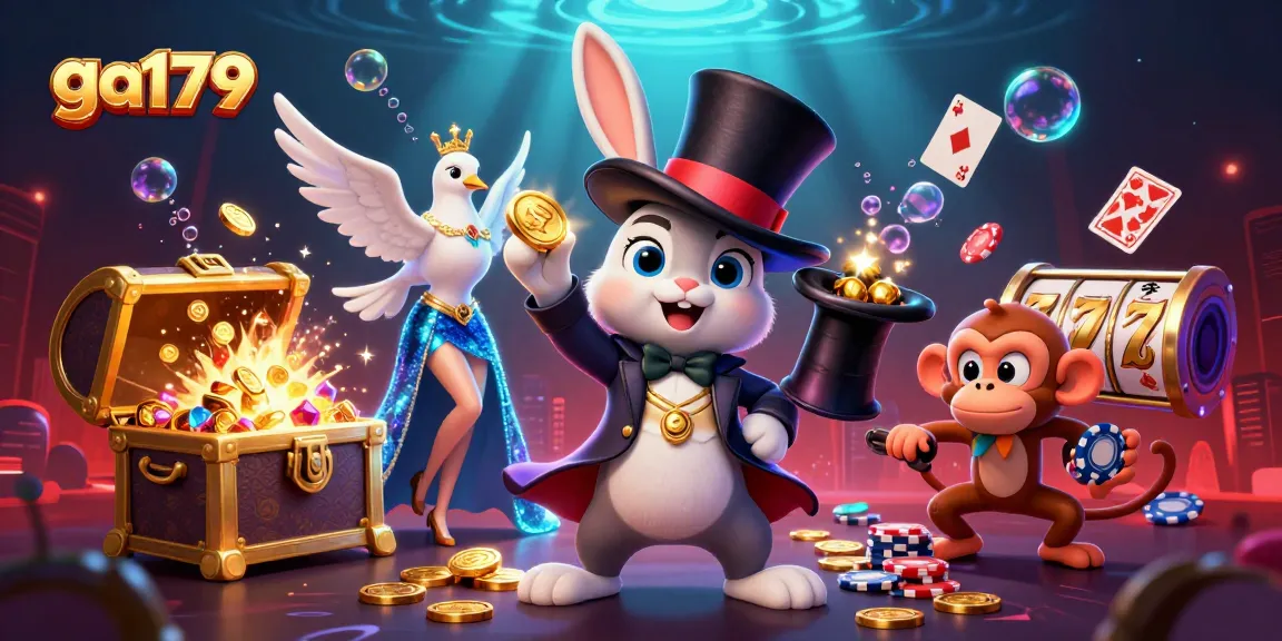 Experience the thrill of ga179 with a magician rabbit, dazzling coins, and vibrant casino elements.