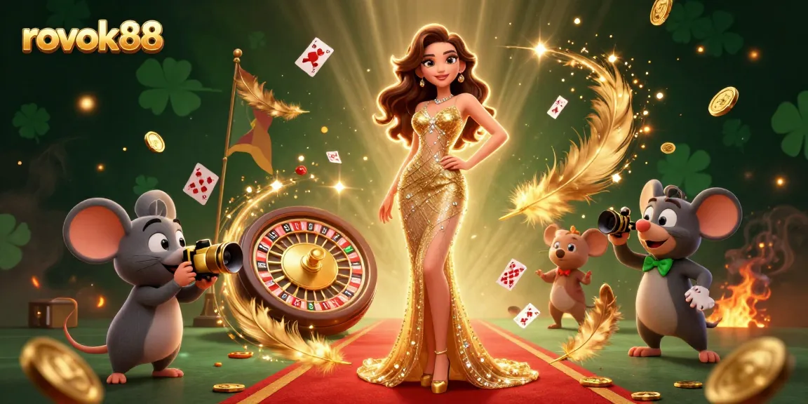Engage with rokok88’s casino adventure featuring a glamorous woman, golden coins, and a vibrant atmosphere