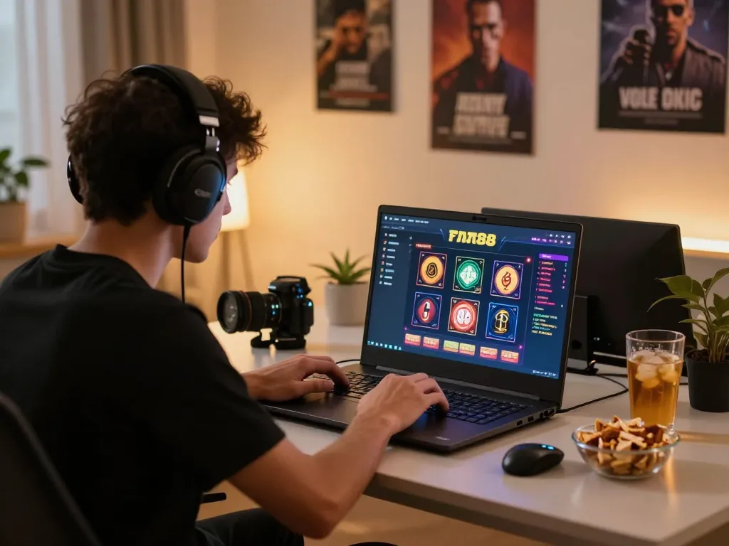 Player engaging in five88 online casino gaming on a laptop in a cozy home office setting, illustrating responsible entertainment.