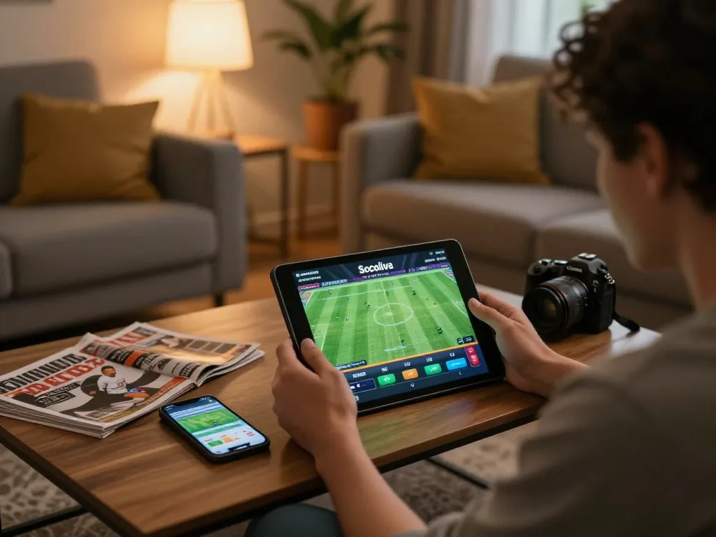 Socolive user enjoying online sports betting on a tablet in a cozy living room.
