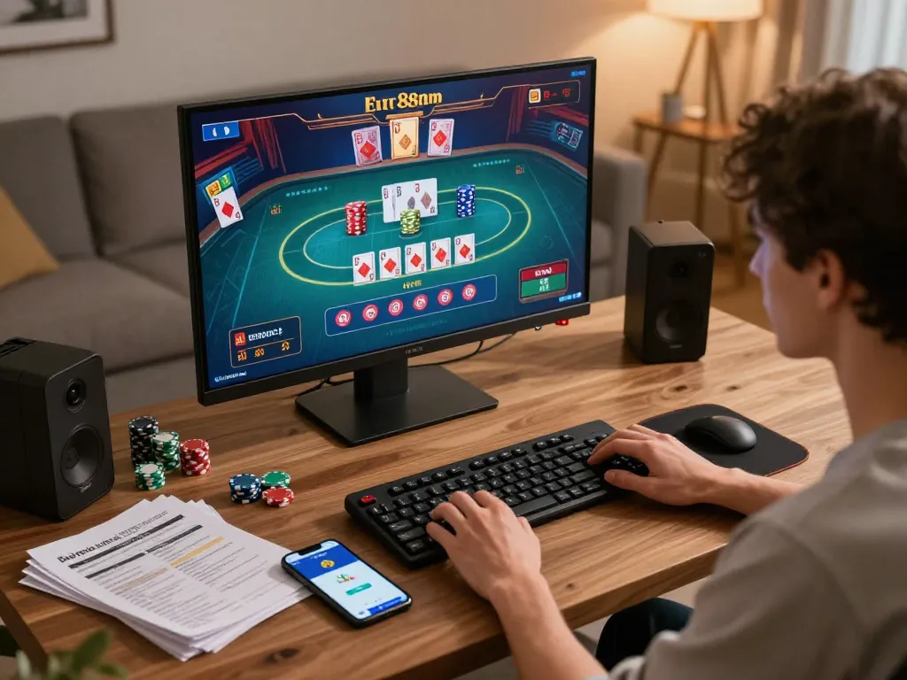 Engaging in a lively game session with five88m online casino app on a vibrant home gaming setup