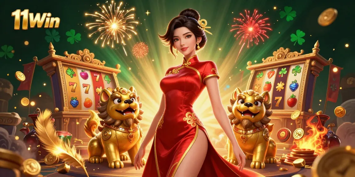 Engage with 11Win’s vibrant casino scene showcasing dynamic slot reels, a glamorous character, and festive fireworks.