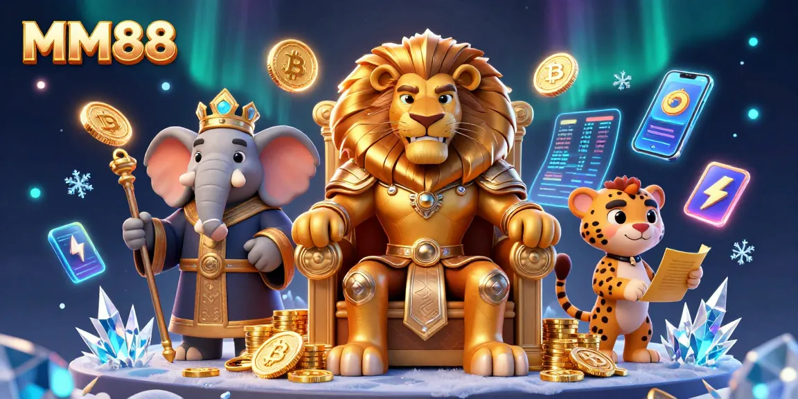 Play dynamic games at MM88, featuring a lion king on a throne with gold coins and vibrant crypto elements.