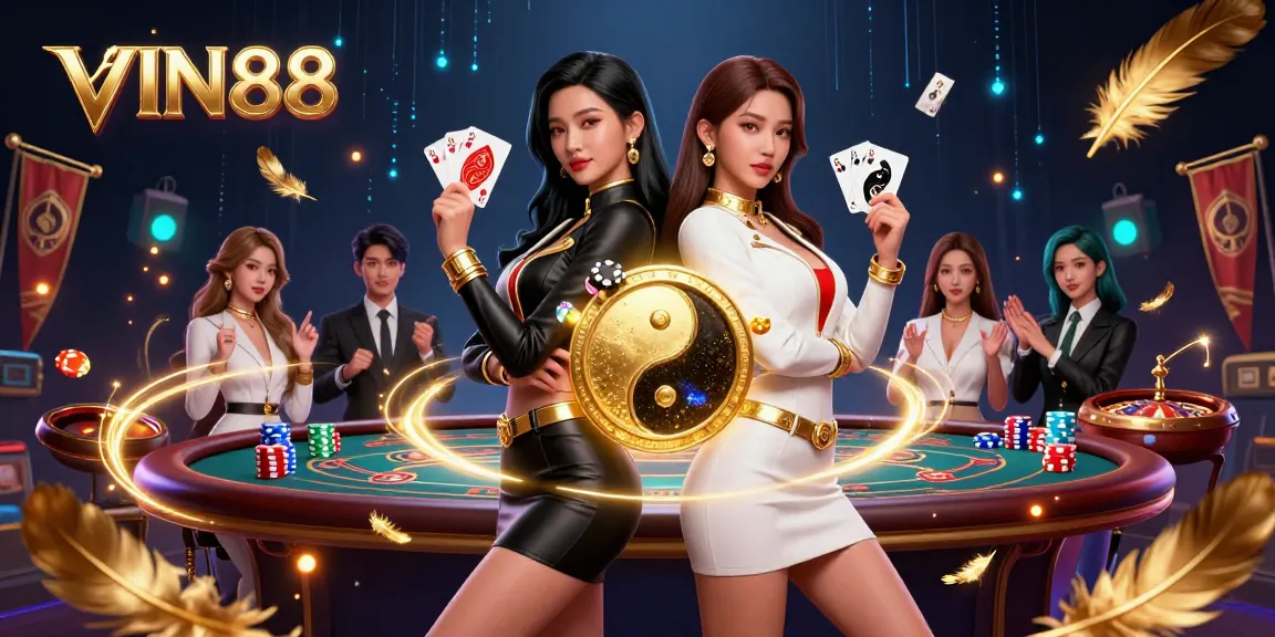 Engage in thrilling casino action with VIN88, featuring twin Asian women holding red and black playing cards.