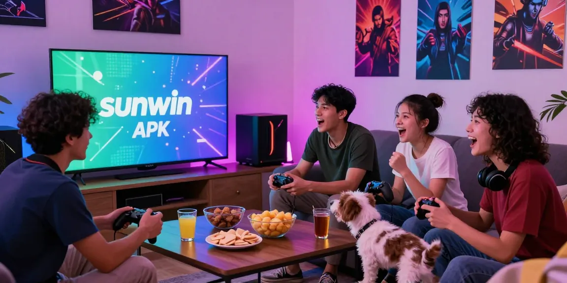 Engaging scene of friends playing Sunwin APK, vibrant gaming atmosphere with snacks and colorful lights.
