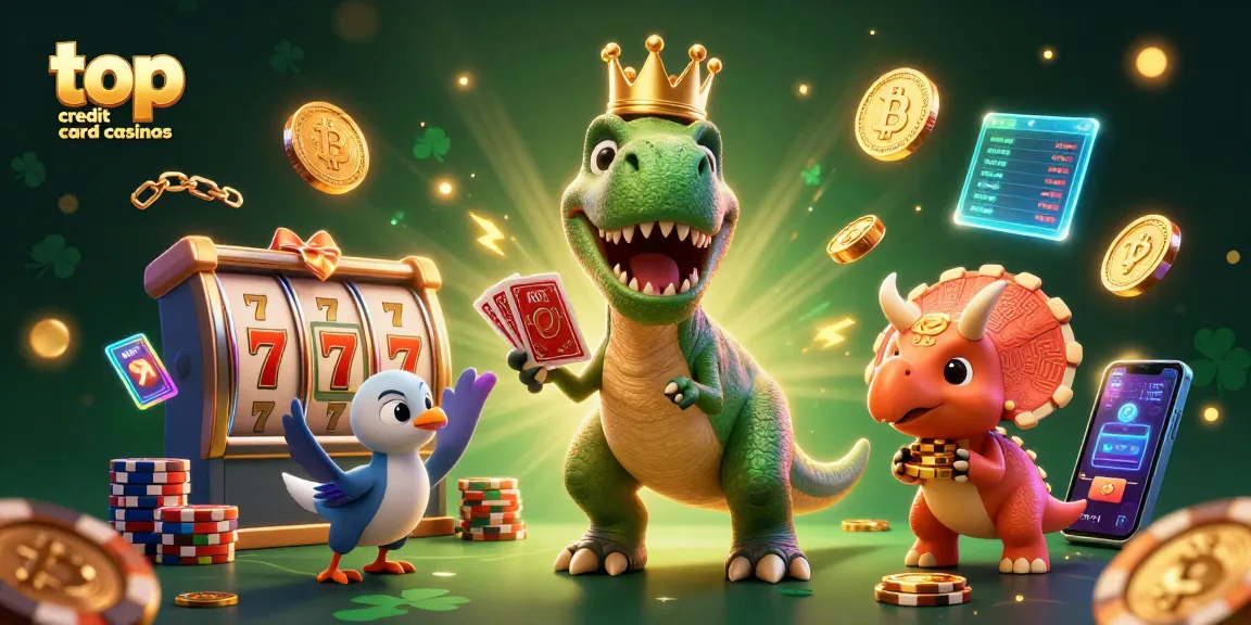 Experience the thrill of top credit card casinos with a whimsical casino scene featuring characters and rich gaming elements.