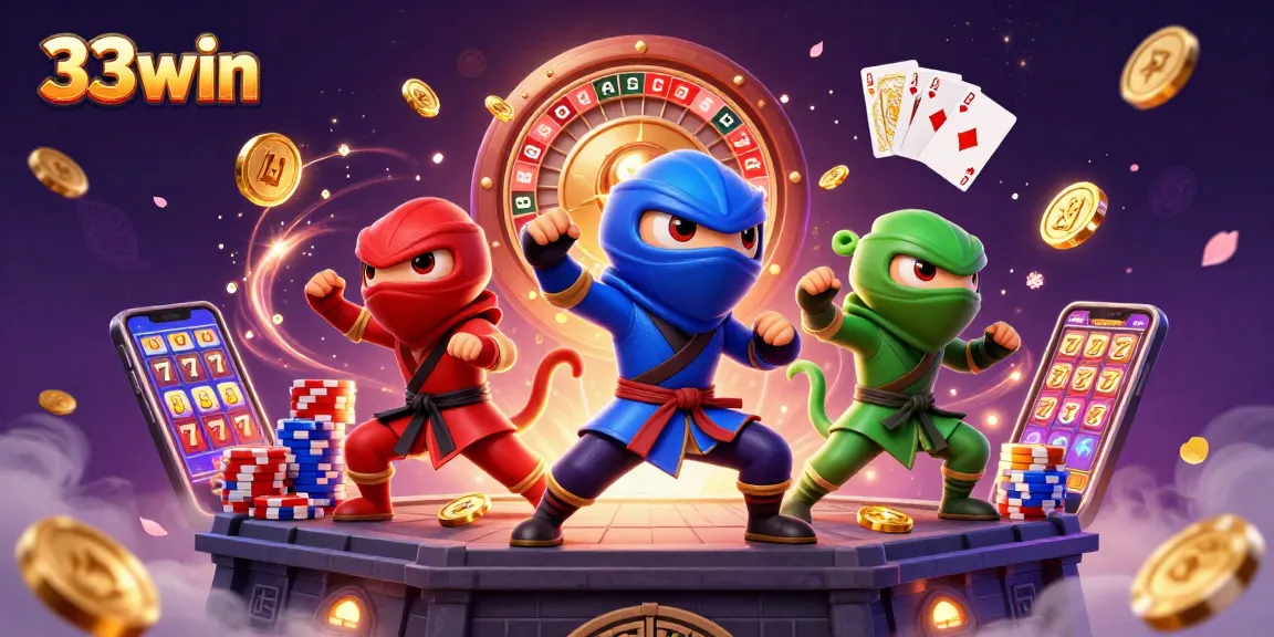 Engage in thrilling gameplay with 33win's dynamic casino elements amidst animated chameleon ninjas.