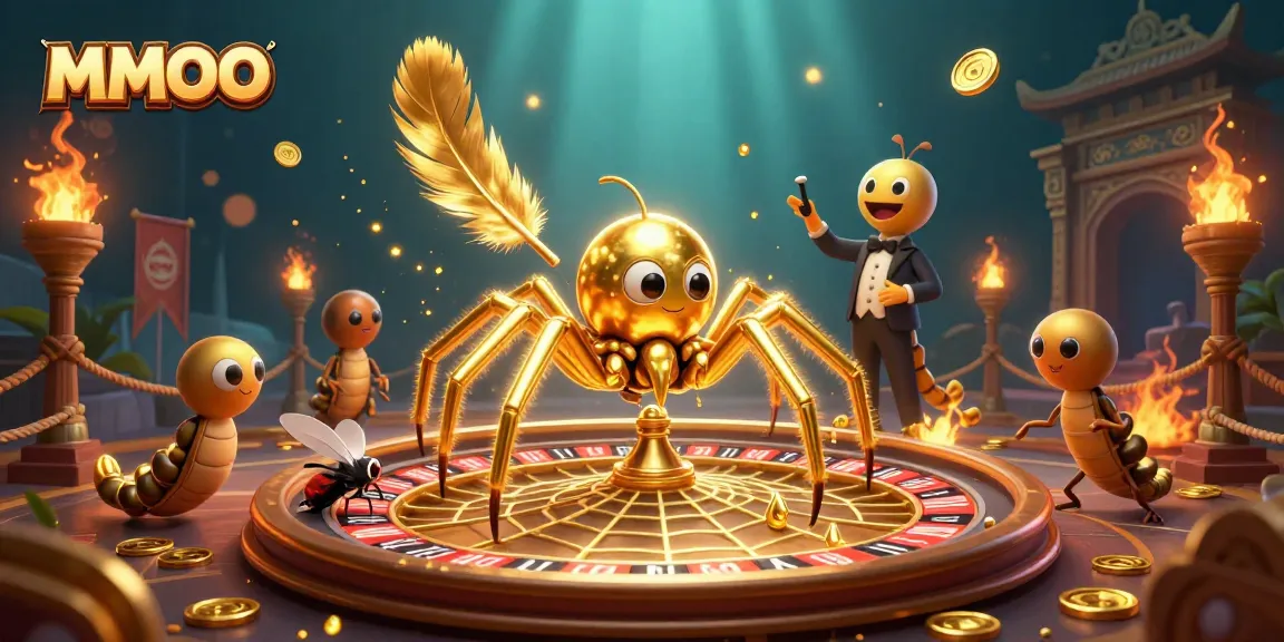 Place bets at the dazzling MMOO roulette wheel as the spider weaves golden fortune.
